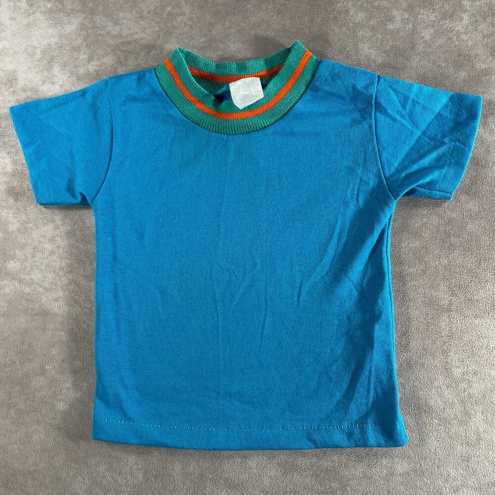 Vintage 90s 80s Kids T-Shirt Blue Striped Ribbed Collar Cotton Size 6 Months